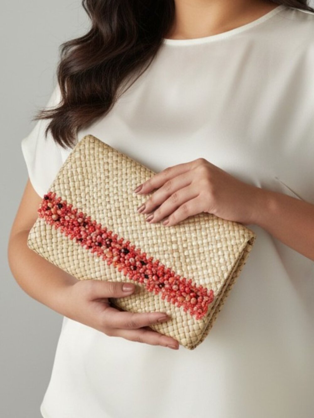 Handwoven pandan straw envelope clutch w/ coral stone beading - YOA brand - NWT